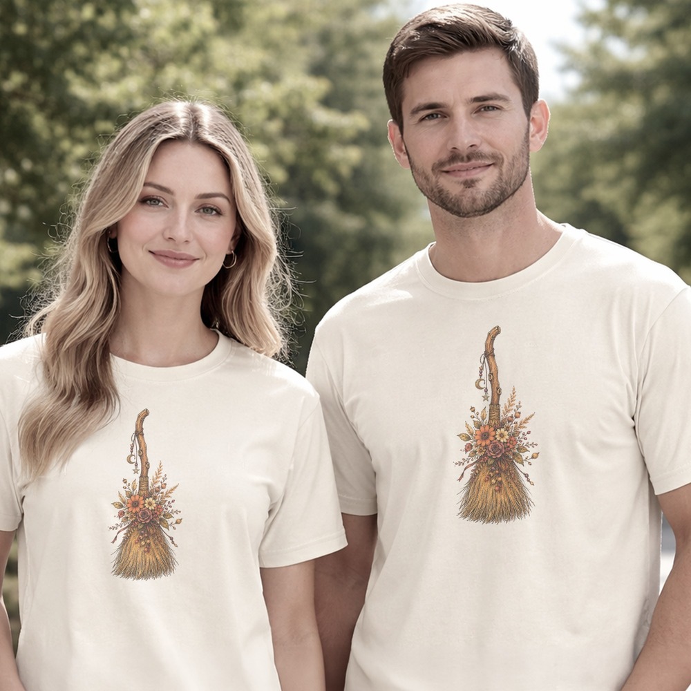 Autumn Broom Adorned with Moon Charm and Harvest Blooms Tee